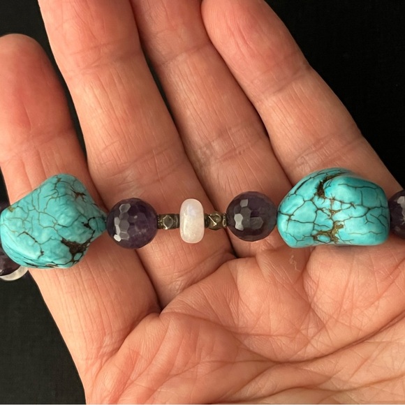 Large Chunky Genuine Turquoise Nugget, Amethyst, Moon Stone, 925 Necklace 24 in - Picture 2 of 8